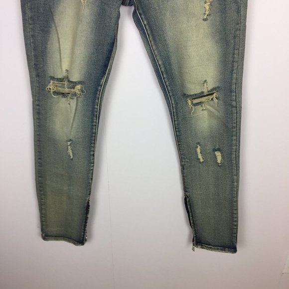 New! Fashion Nova Men Skinny Jeans 34x32 Distressed Ankle Zip Blue Denim Stretch - Picture 3 of 13